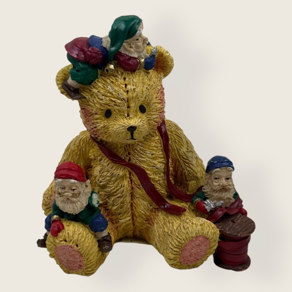 Vintage Christmas Teddy Bear with Elf Resin Figure